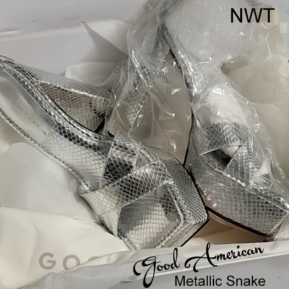 NWT Metallic Snake Platforms Open Toe Silver Block Heel Sandals Ankle Strap Lock - Picture 6 of 16